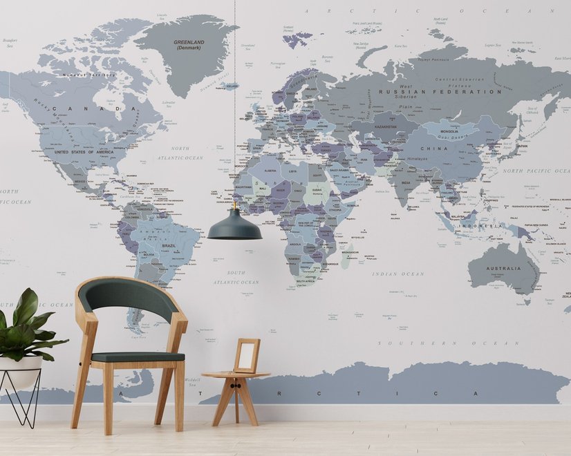 Papier peint panoramique de la carte du monde en blanc et violet