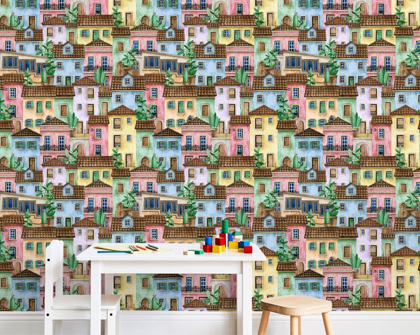 Kids Watercolor Medieval House with Plants Wallpaper Mural