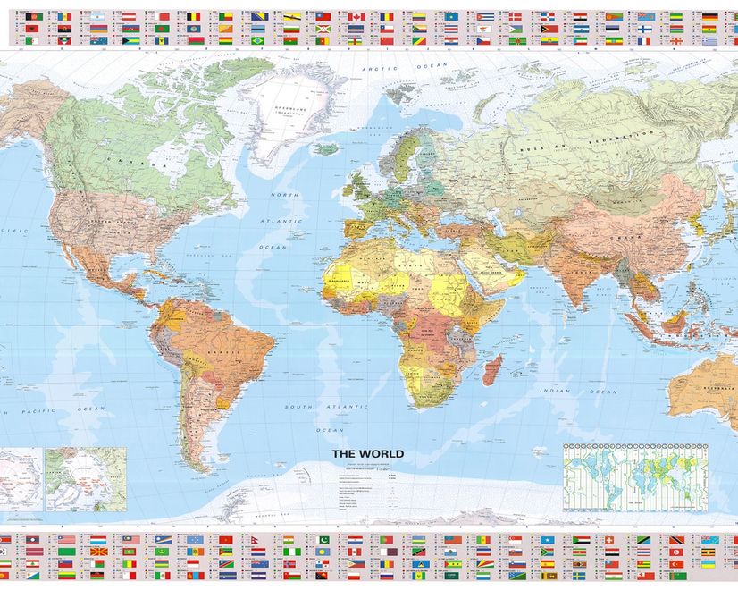 Political World Map and Country Flags Wallpaper Mural