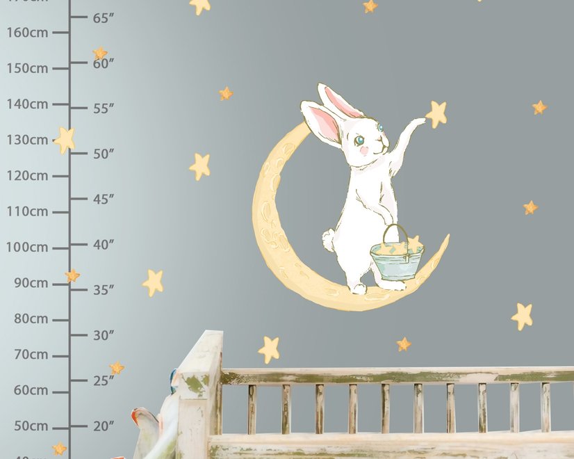 Stickers muraux lapin mignon sur le croissant de lune avec étoiles jaunes pour enfants et bébé