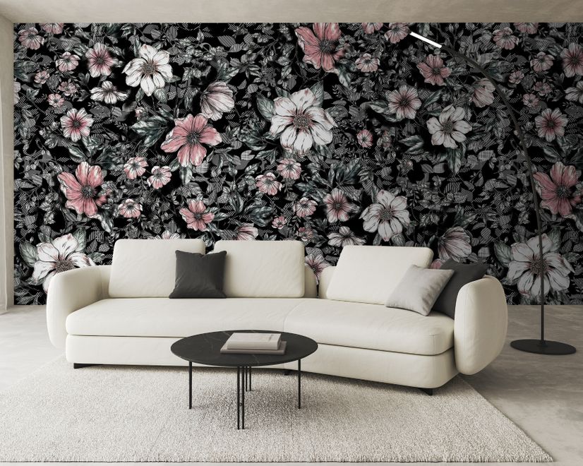 Dark Floral with White Daisy Wallpaper Mural
