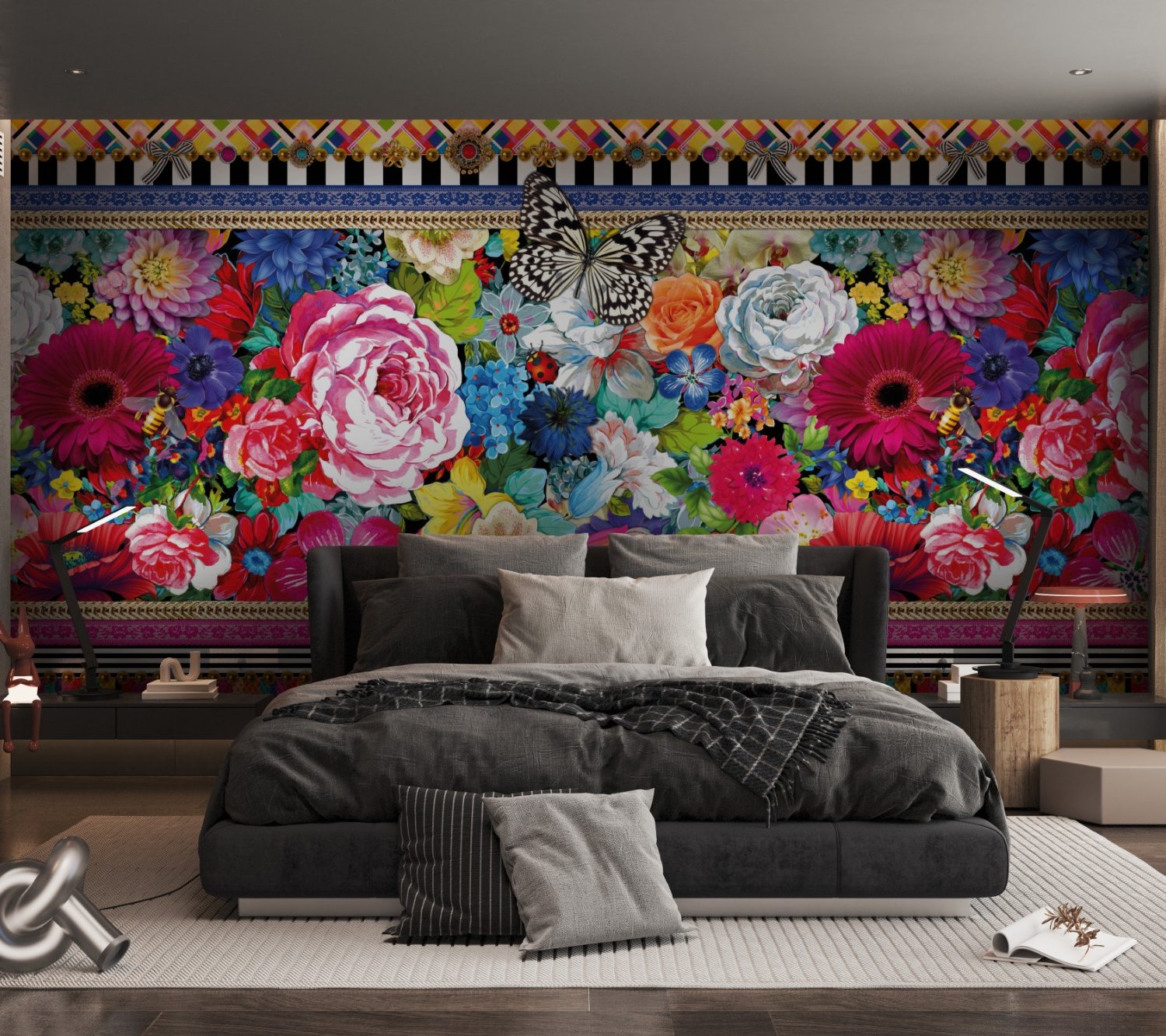 Bohemian Floral Wallpaper with Peony Dianthus Violet Wallpaper Mural - Peel and Stick