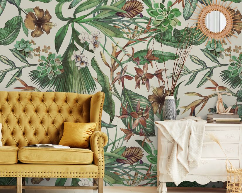 Watercolor Green Tropical Leaves Wallpaper Mural