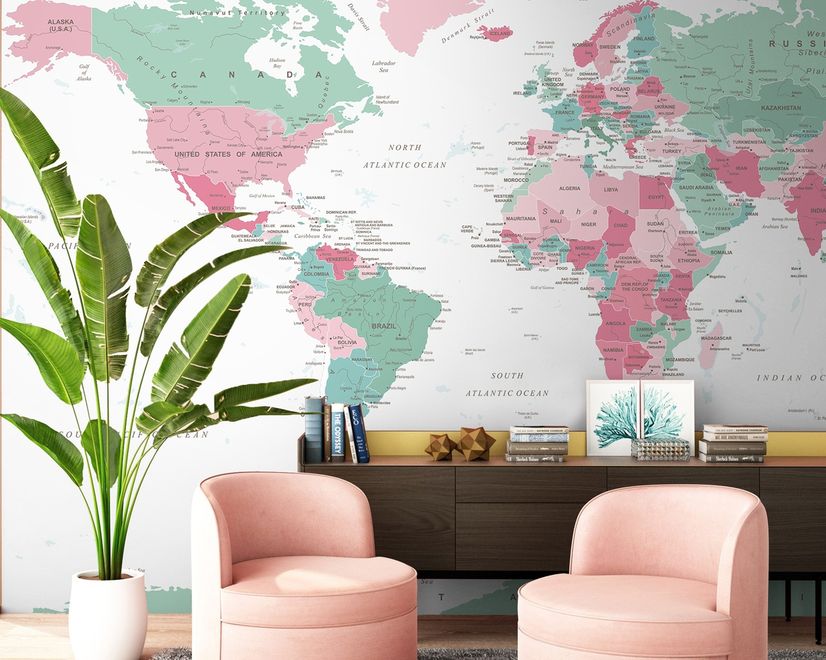Papier peint panoramique rose et vert de la carte du monde politique