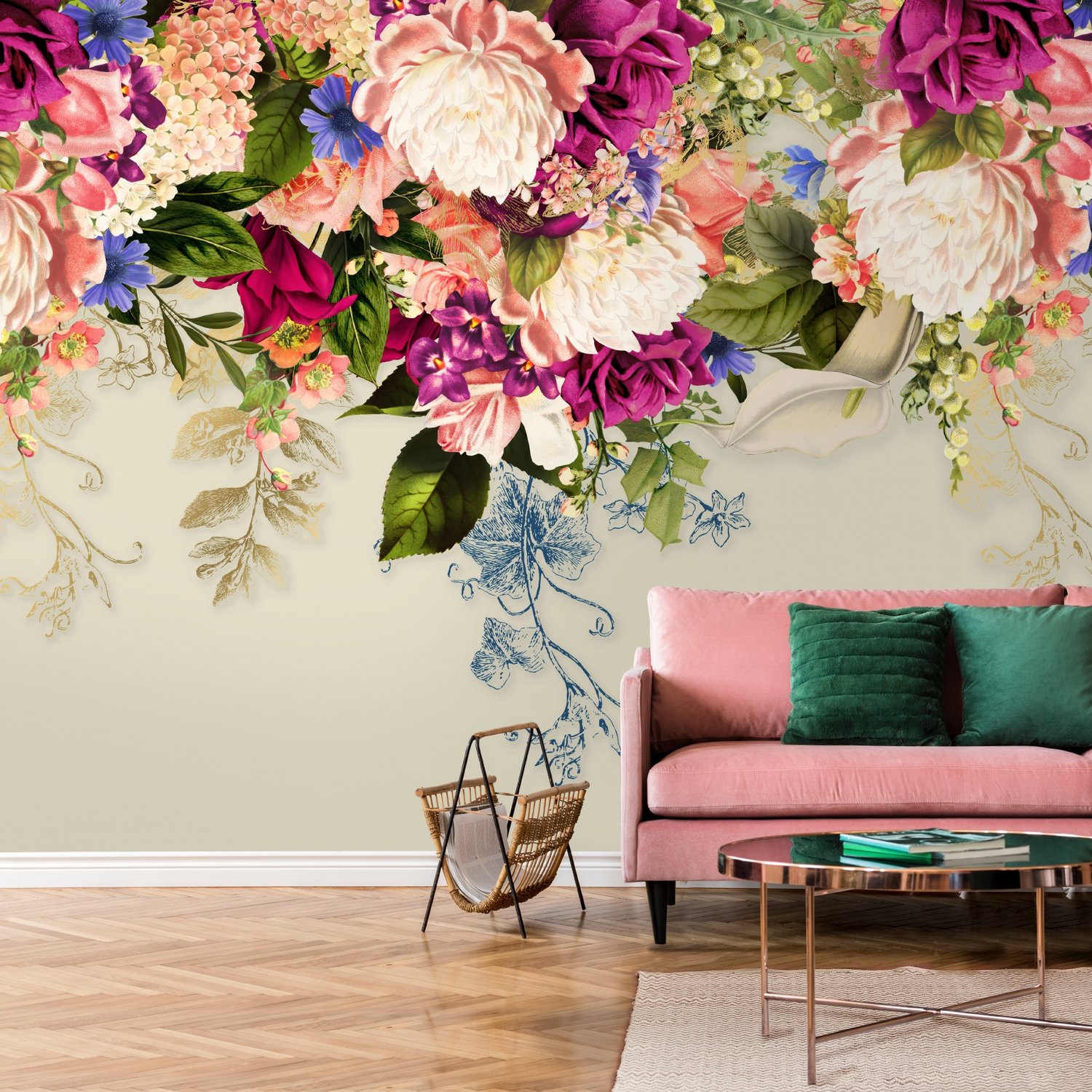 Classical Colorful Vine Flowers Wallpaper Mural - Peel and Stick