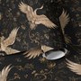 Ivory cranes and antique gold lotus flowers on charcoal-black Japanese lotus wallpaper