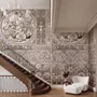 Antique wallpaper mural with Art Nouveau floral tile panels, sepia borders and blush botanical medallions