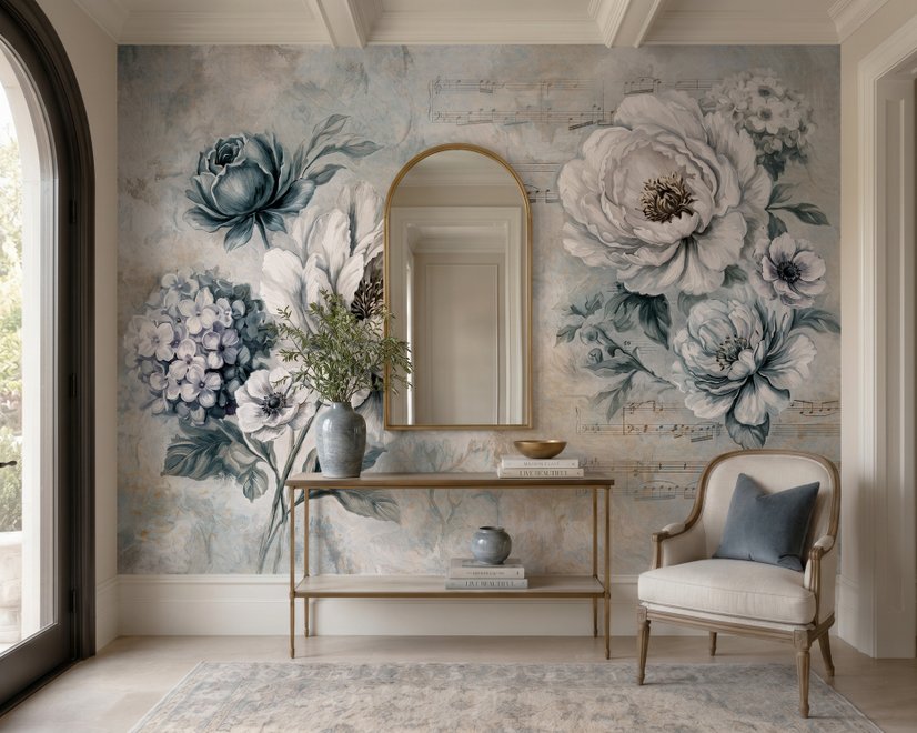 Papier peint panoramique floral avec des notes de musique