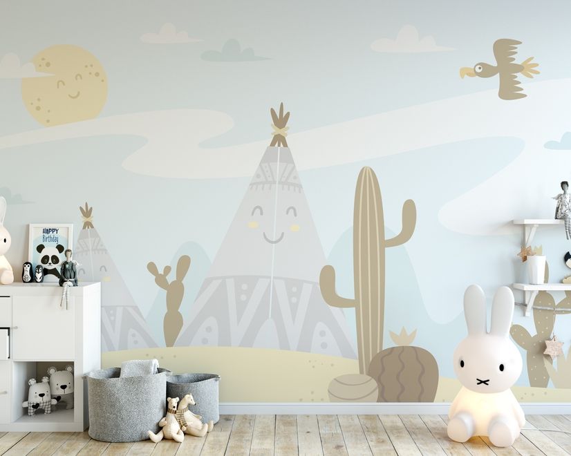 Cartoon Landscape with Happy Sun Wallpaper Mural