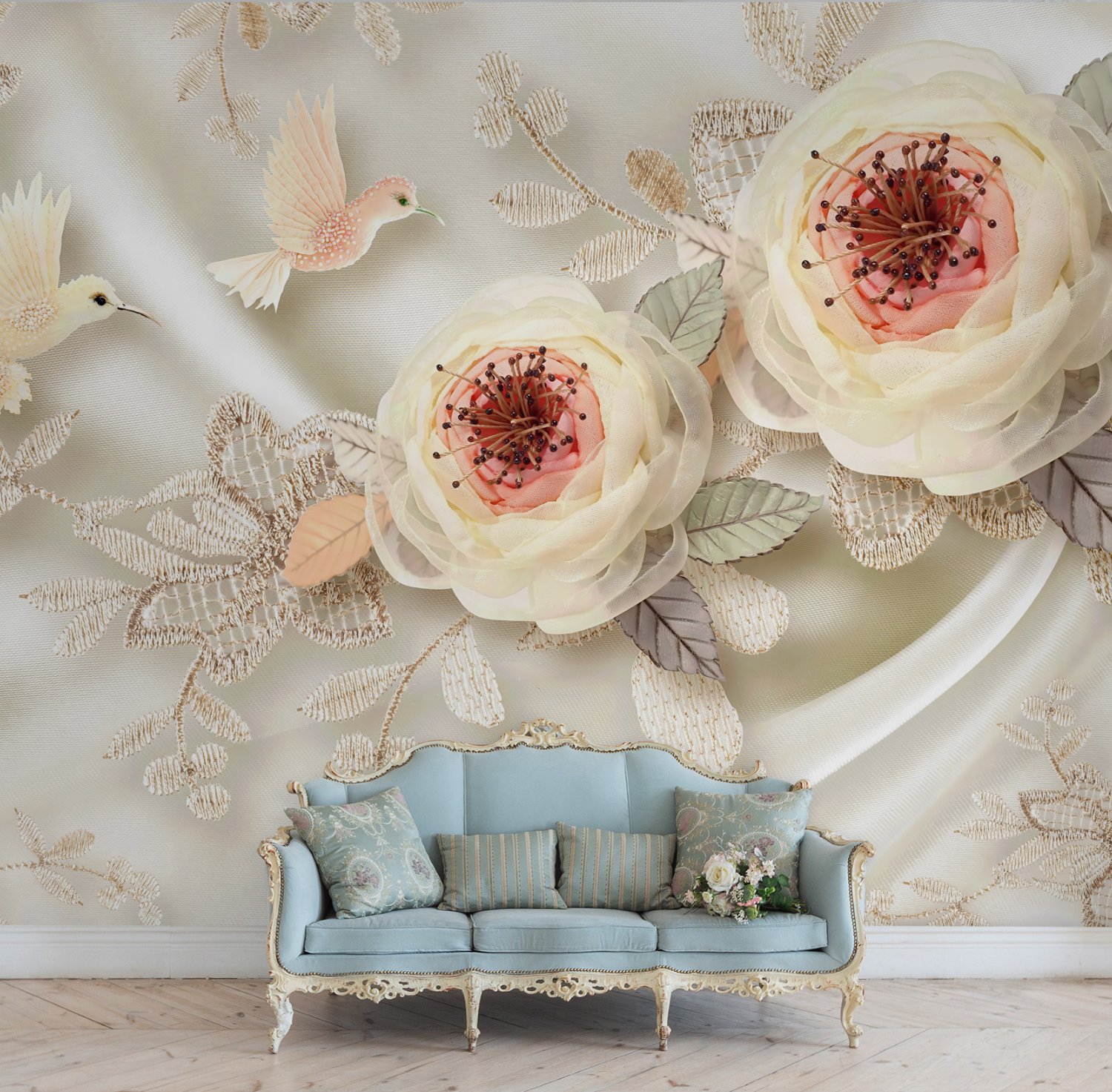 Soft Bloom Lace Bird Wallpaper Mural - Peel and Stick