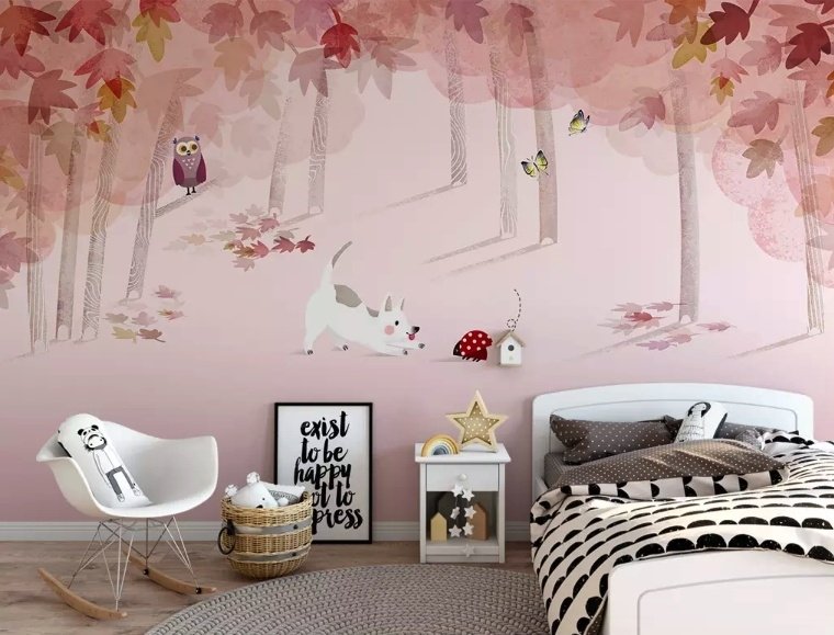 Pink Wald mit Katzen und Eule Fototapete