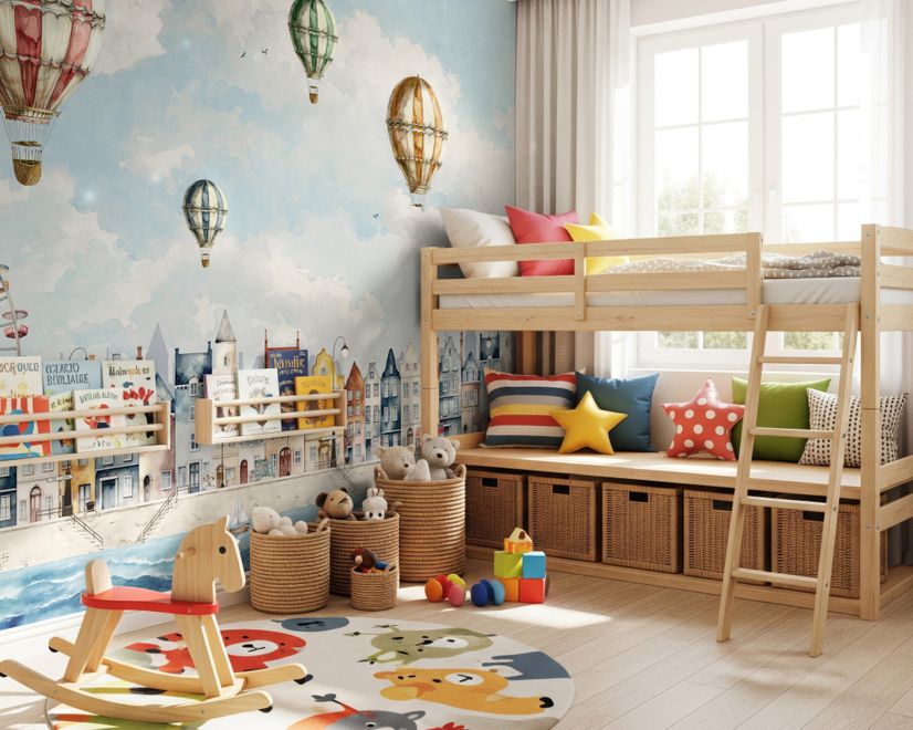 Kids Harbor Village and Hot Air Balloons Wallpaper Mural