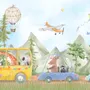 Kids Cute Watercolor Animals in the Bus Wallpaper Mural