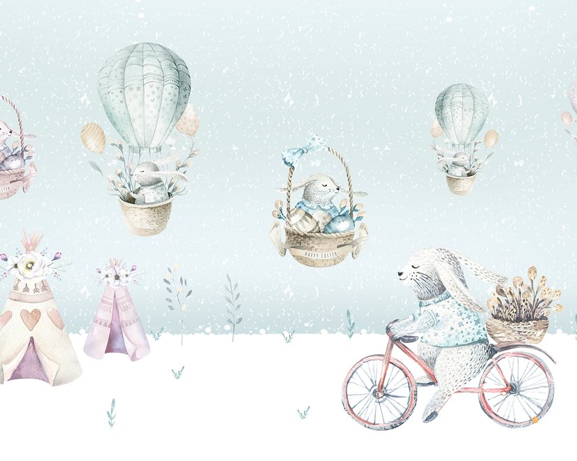 Cartoon-Winterlandschaft und Eichhörnchen mit Heißluftballons Fototapete