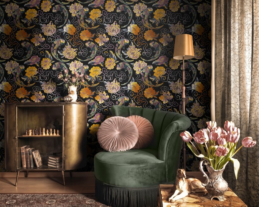 Japanese art wallpaper pattern with koi fish, gold peonies, mauve flowers and grey clouds on black