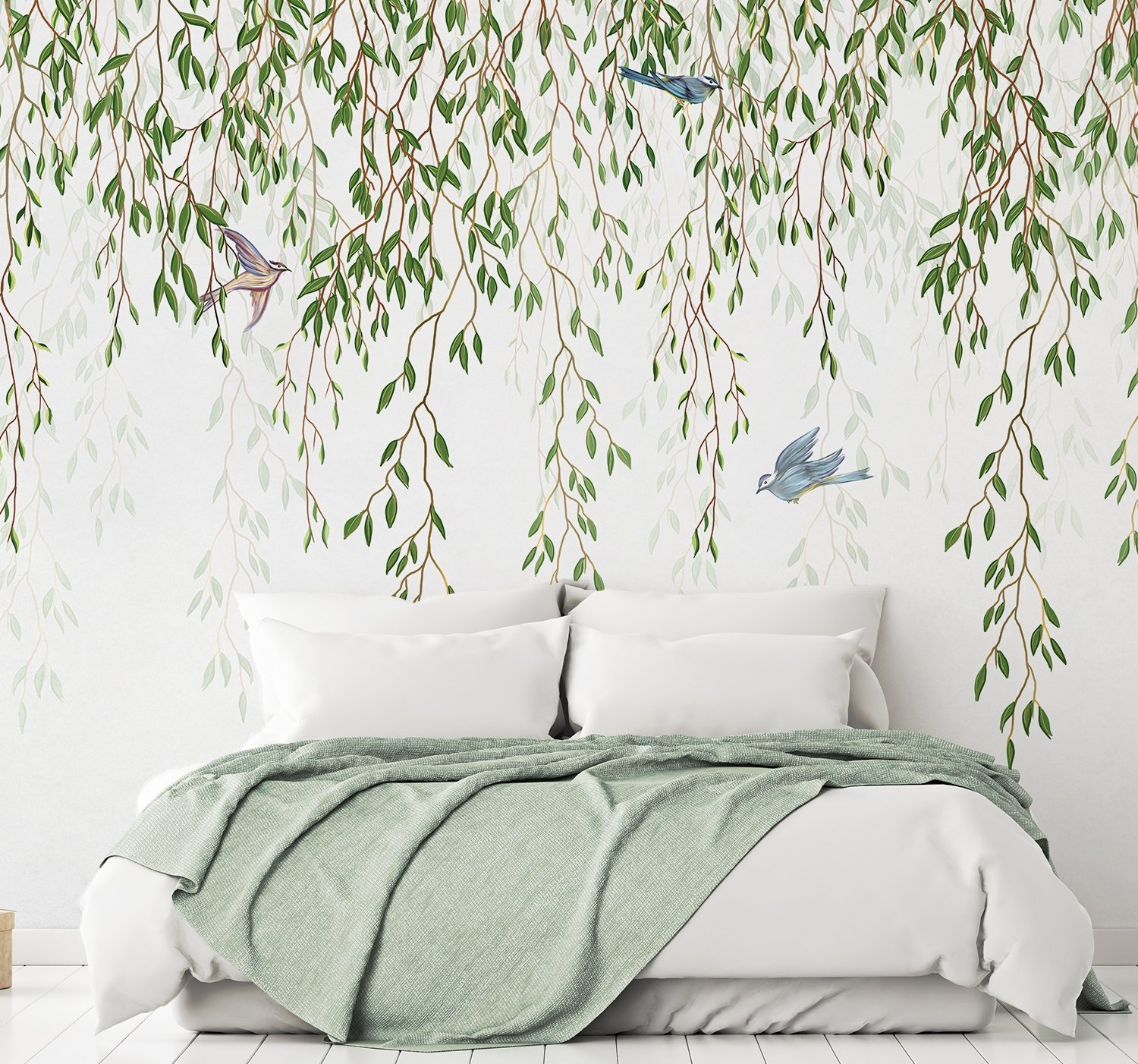 Green Hanging Leaves with Colorful Birds Wallpaper Mural - Peel and Stick