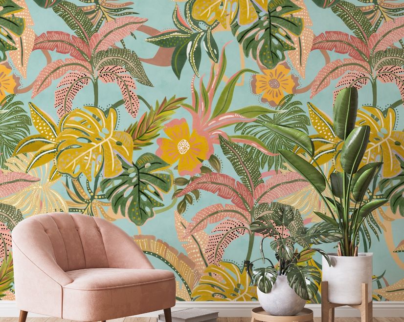 Watercolor Colorful Summer Tropical Leaf Wallpaper Mural