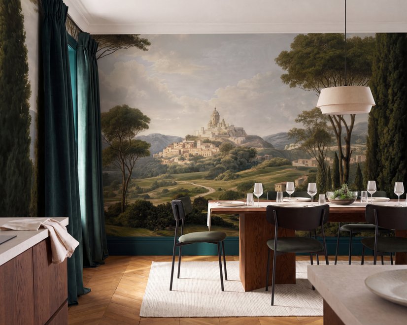 Vintage oil painting wallpaper of cypress trees, villas and a domed cathedral in an Italian landscape