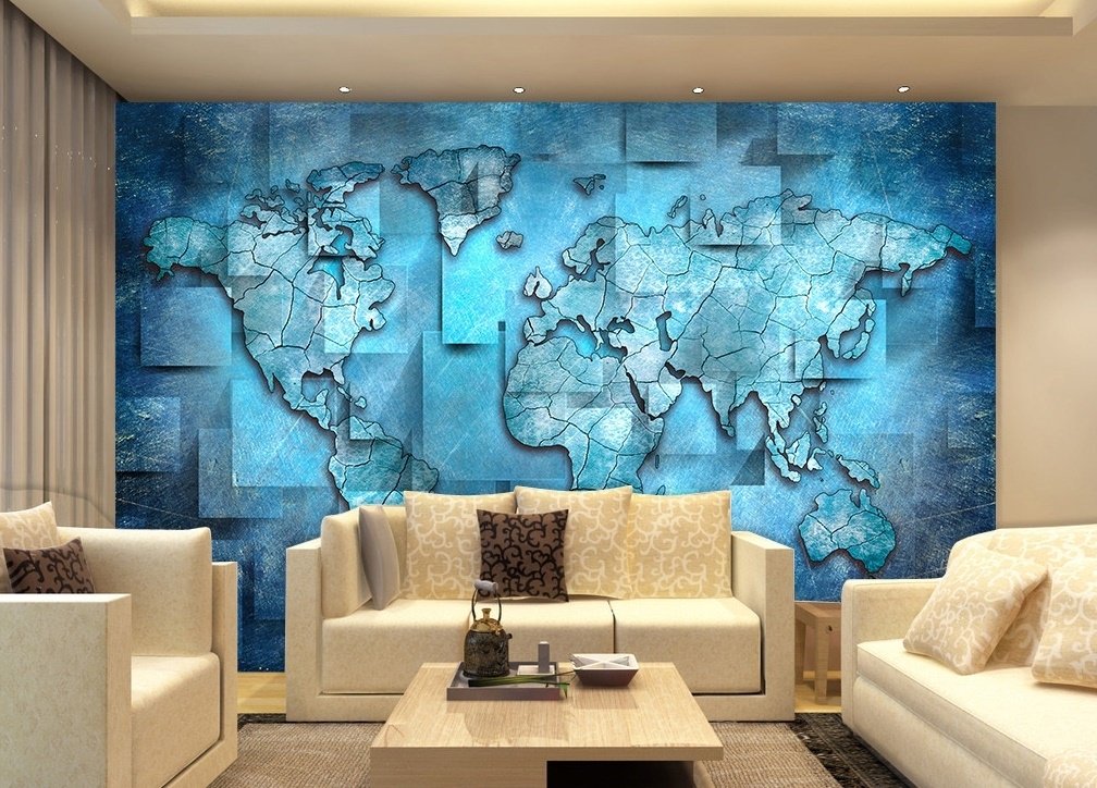 3D Effect Blue World Map Wallpaper Mural - Peel and Stick