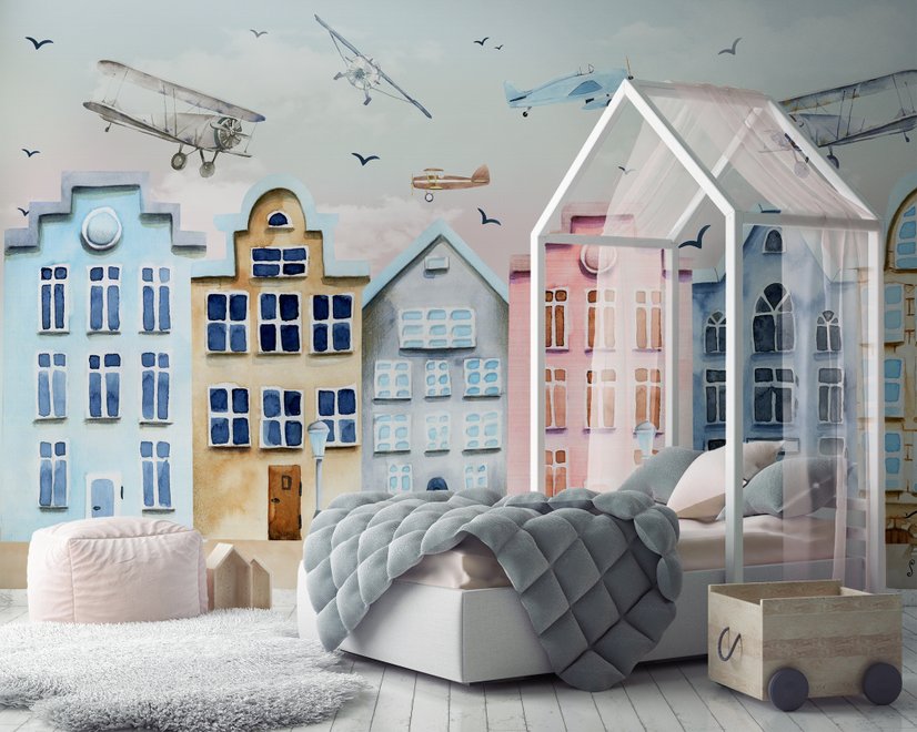 Helicopters on Colorful Amsterdam Style Houses Wallpaper Mural