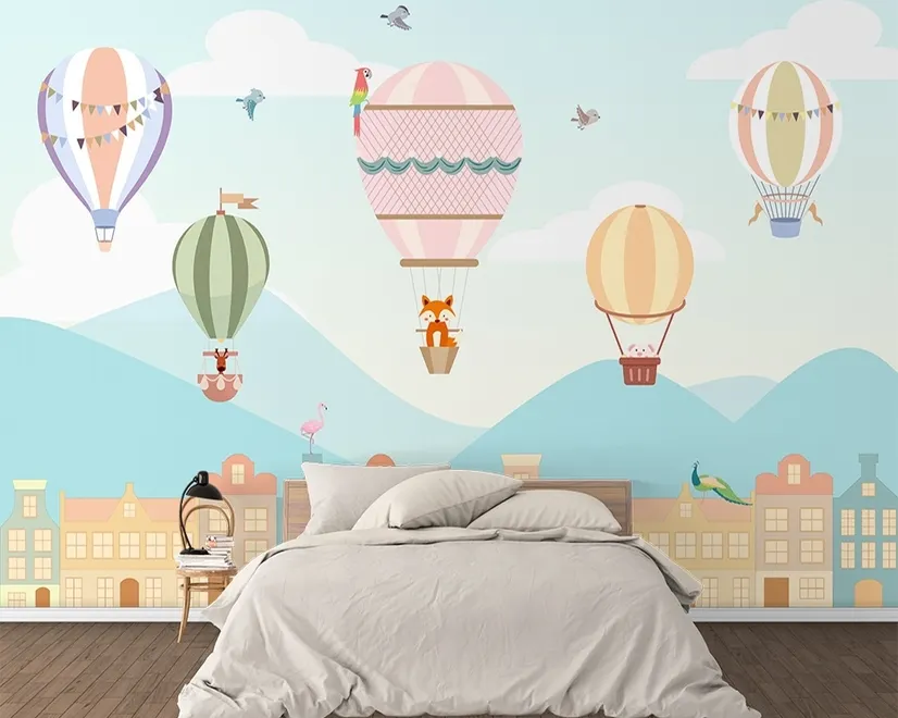 Kids Hot Air Balloon and Little House Wallpaper Mural