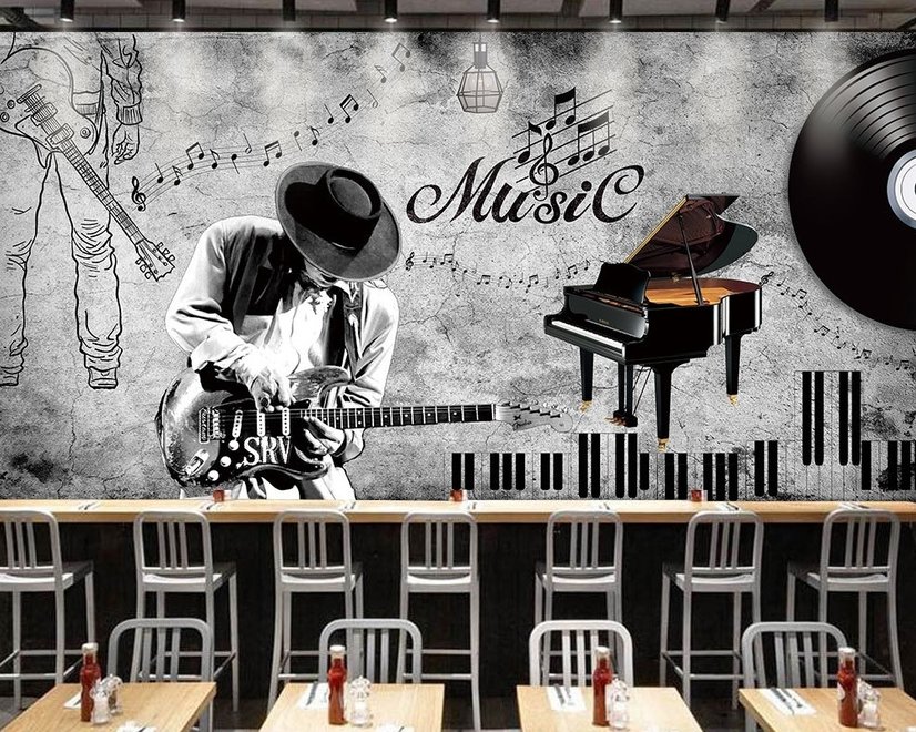 Papier peint panoramique de notes de musique sombres avec piano