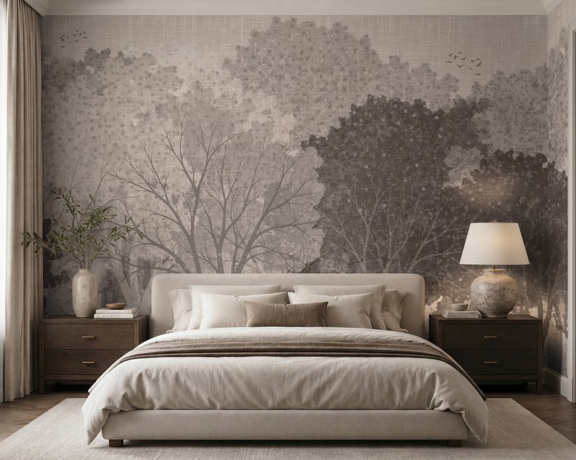 Misty forest nature wallpaper mural in greige, taupe and charcoal watercolour with birds