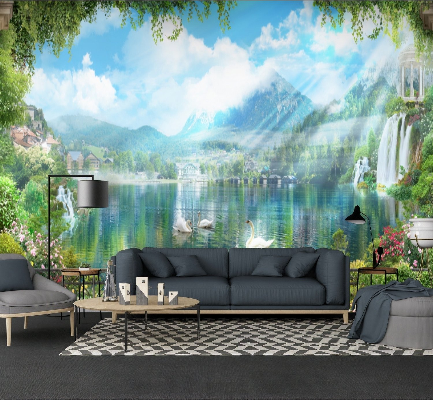 Waterfall and White Swan with Garden Flowers Landscape Wallpaper Mural - Peel and Stick