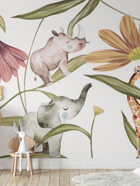 Fototapete Tropische Tiere im Kinderzimmer mit Blumen