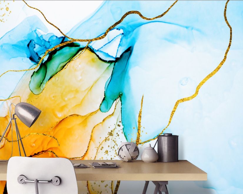 Papier peint panoramique bleu, jaune, aquarelle, pinceau et lignes modernes