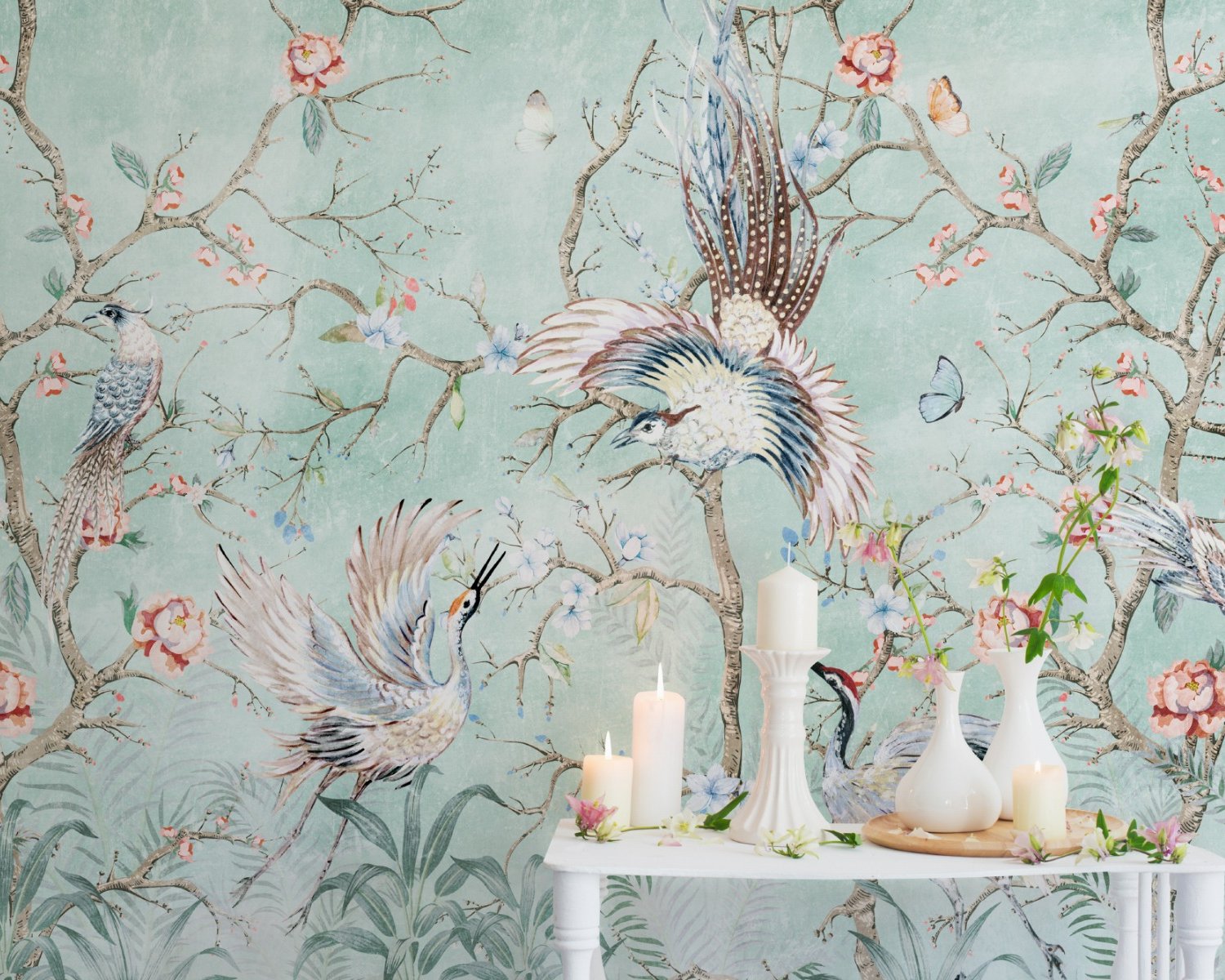 Chinoiserie Peony Blossom with Chinese Birds Wallpaper Mural - Peel and Stick