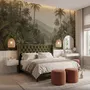 Misty tropical forest wallpaper with palms, pale river and hazy hills in muted green sepia