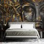 3D Look Concrete Buddha Face and Leaves Wallpaper Mural