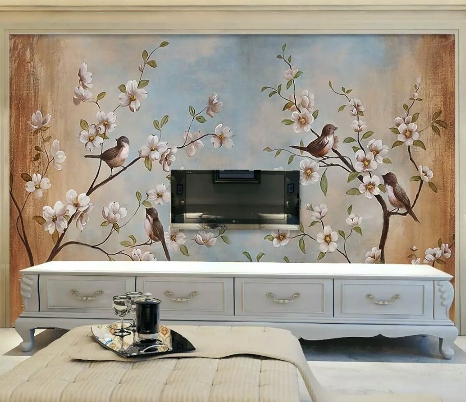 Nostalgic Watercolor Cherry Blossoms Wallpaper Mural - Peel and Stick