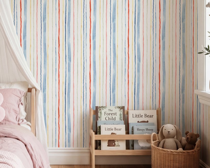Blue and light blue wallpaper with hand-painted vertical watercolour stripes on a clean white ground