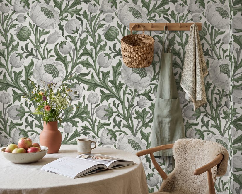 Sage green botanical floral wallpaper with white poppy flowers, lobed leaves and dotted seed centres