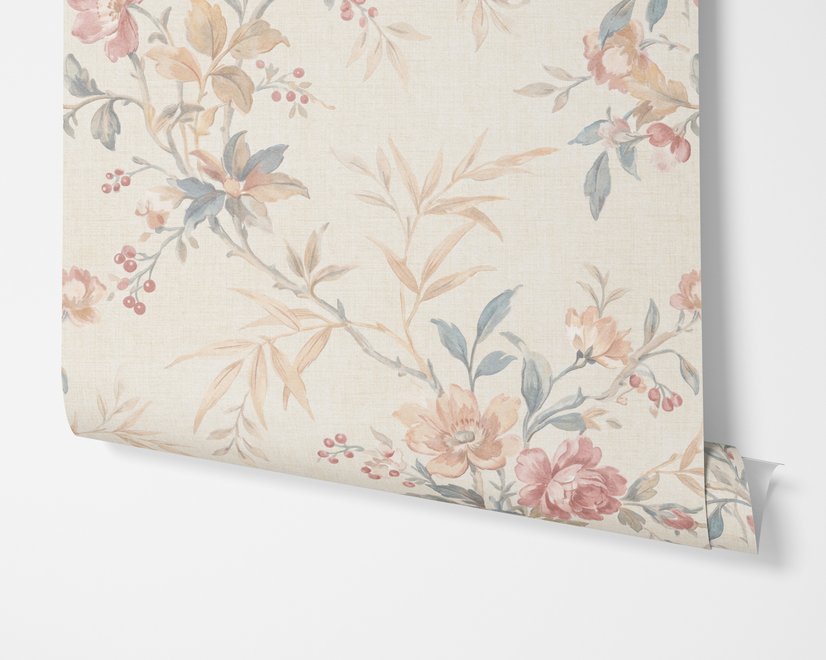 Pink chinoiserie wallpaper with watercolor flowers, blue-grey leaves and red berries on a cream linen-texture ground