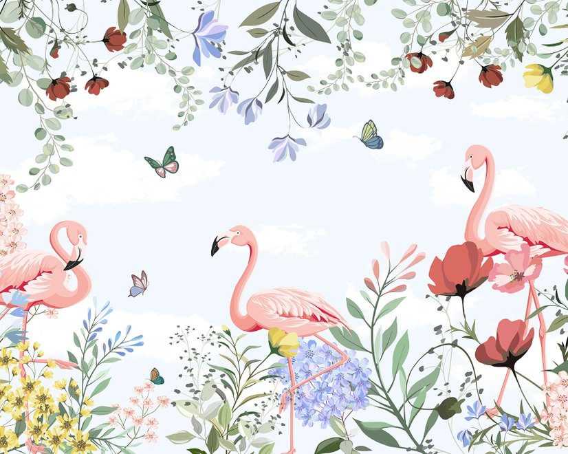 Flamingo with Colorful Floral Wallpaper Mural