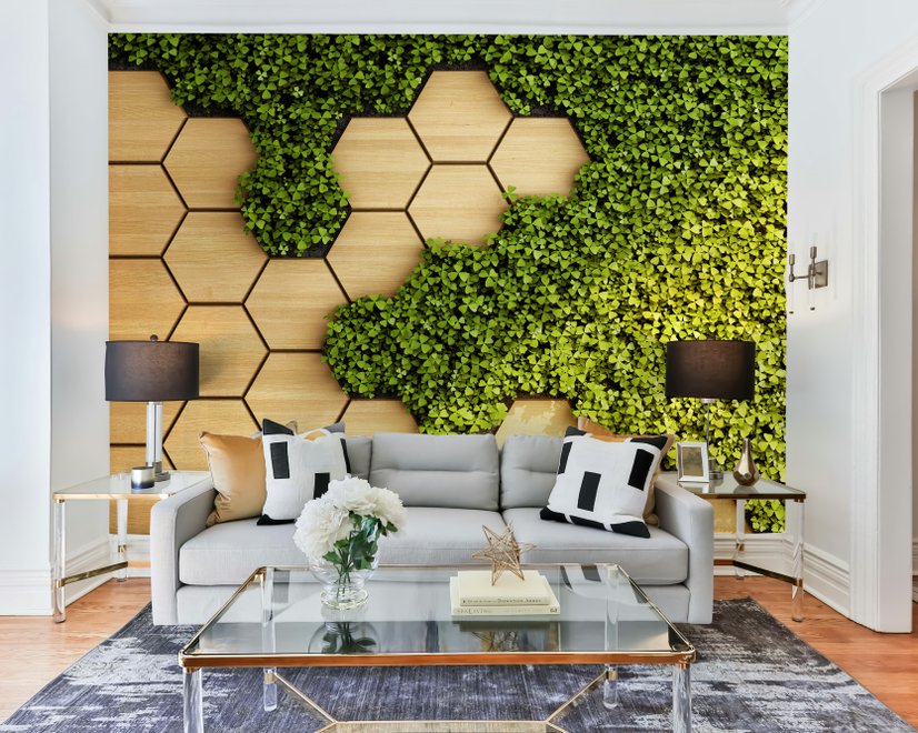 Hexagon Honeycomb Pattern and Fresh Grass Wallpaper Mural