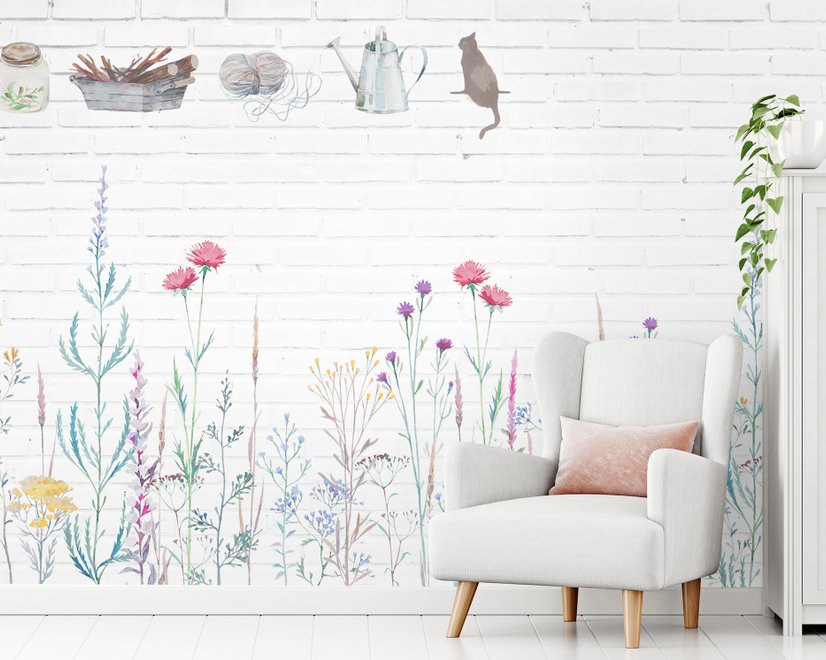 Aquarell Bunte Blumen mit Weißer Ziegelwand Fototapete