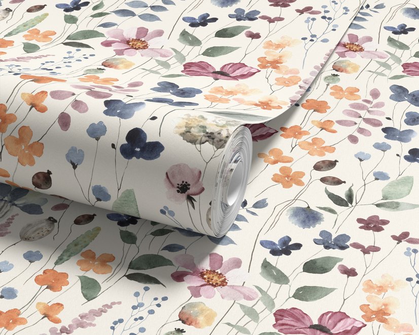 Watercolour floral wallpaper repeat with navy, blue, blush and peach wildflowers on warm cream