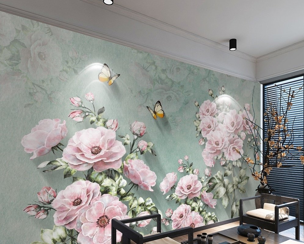 Vintage Pink Floral and Yellow Butterfly Wallpaper Mural - Peel and Stick