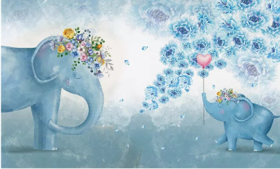Papier peint panoramique de l'éléphant bleu de dessins animés