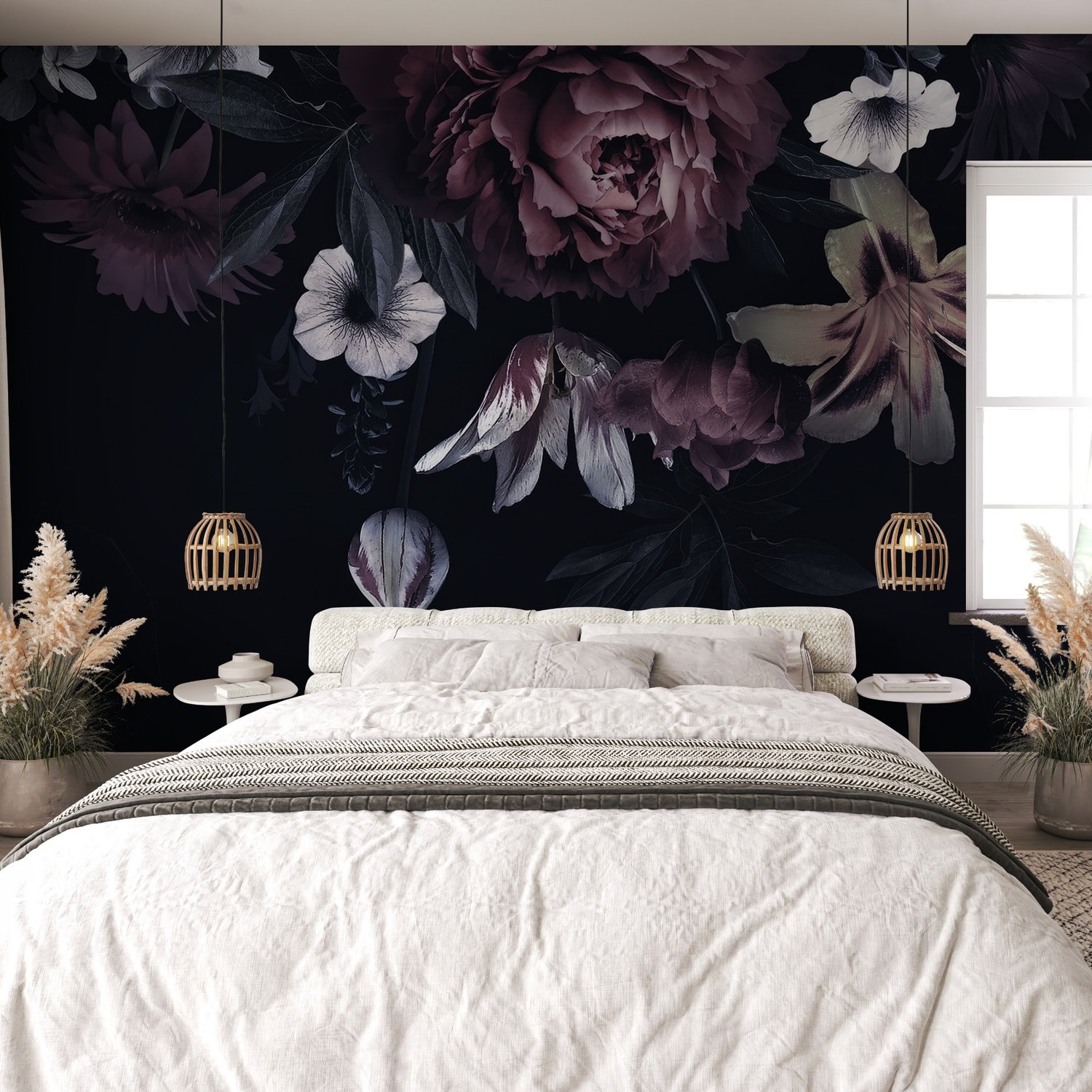 Dark Floral Claret Peony Floral Wallpaper Mural - Peel and Stick