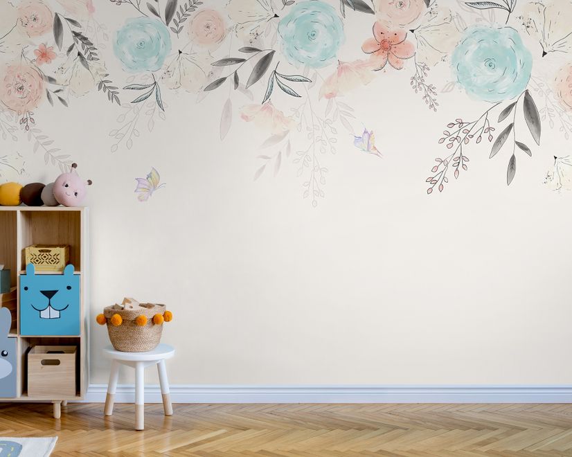 Vintage Soft Blue Vine Flowers Wallpaper Mural