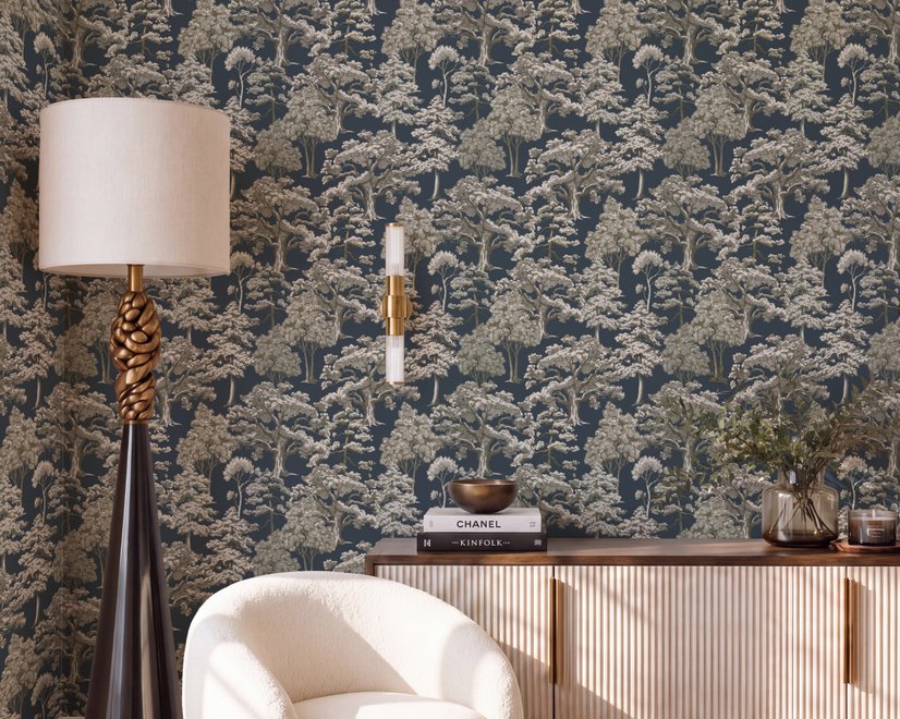 Navy wallpaper with warm ivory and taupe grey toile tree repeat on deep slate blue ground