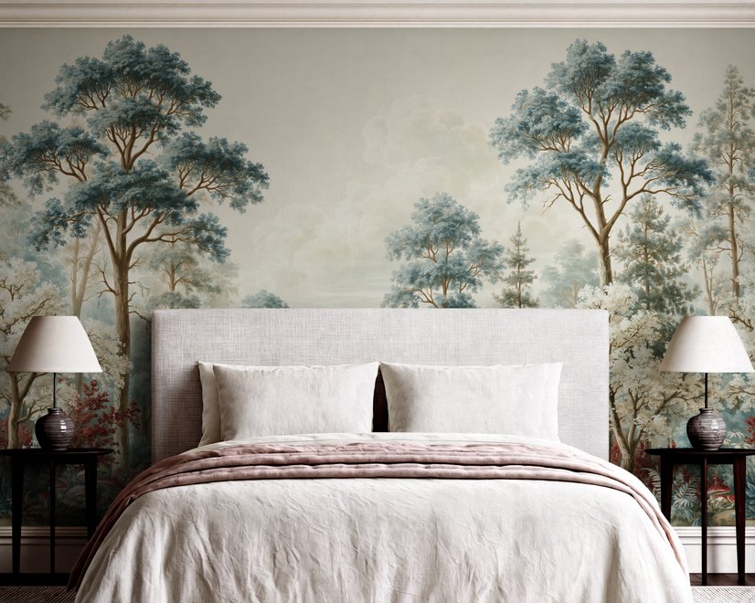Vintage forest wallpaper mural with blue-grey trees, ivory blossom, red plants and toadstools around a misty path
