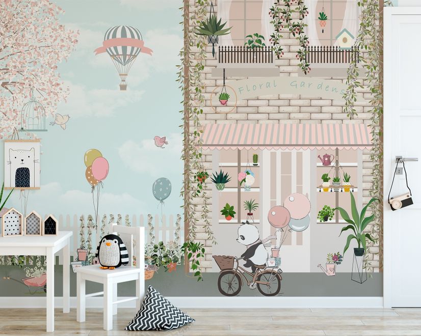 Panda Bear with Balloons  in front of Floral Garden Home Kids Wallpaper Mural