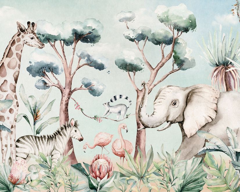 Fototapete für Kinderzimmer Safari-Tiere und Flamingos im Wald