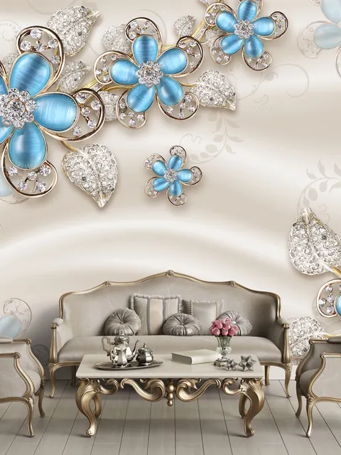 Blue Floral with Jewellery Leaf Wallpaper Mural